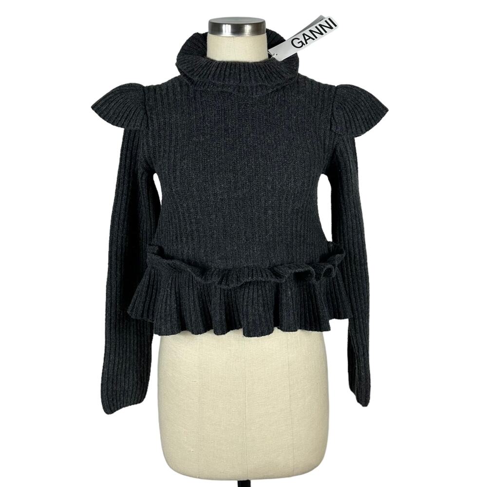 GANNI Gray‎ Ribbed Open-Back Turtleneck Sweater Ruffles Charcoal XXS NWT Glam